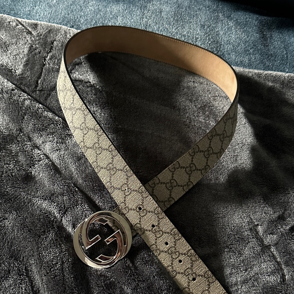 Mens Gucci Tan and Brown Monogram Belt with Silver Logo Buckle
